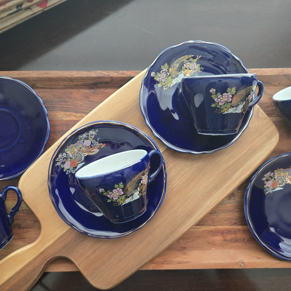 Elegant Cobalt Blue Floral Tea Cup and Saucer Set